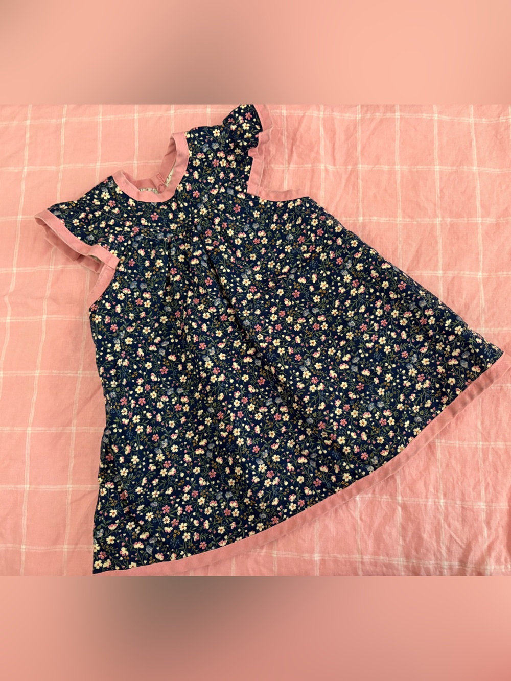 Vintage Pink Floral reversable Ruffle-Sleeve 18m Baby Toddler Dress